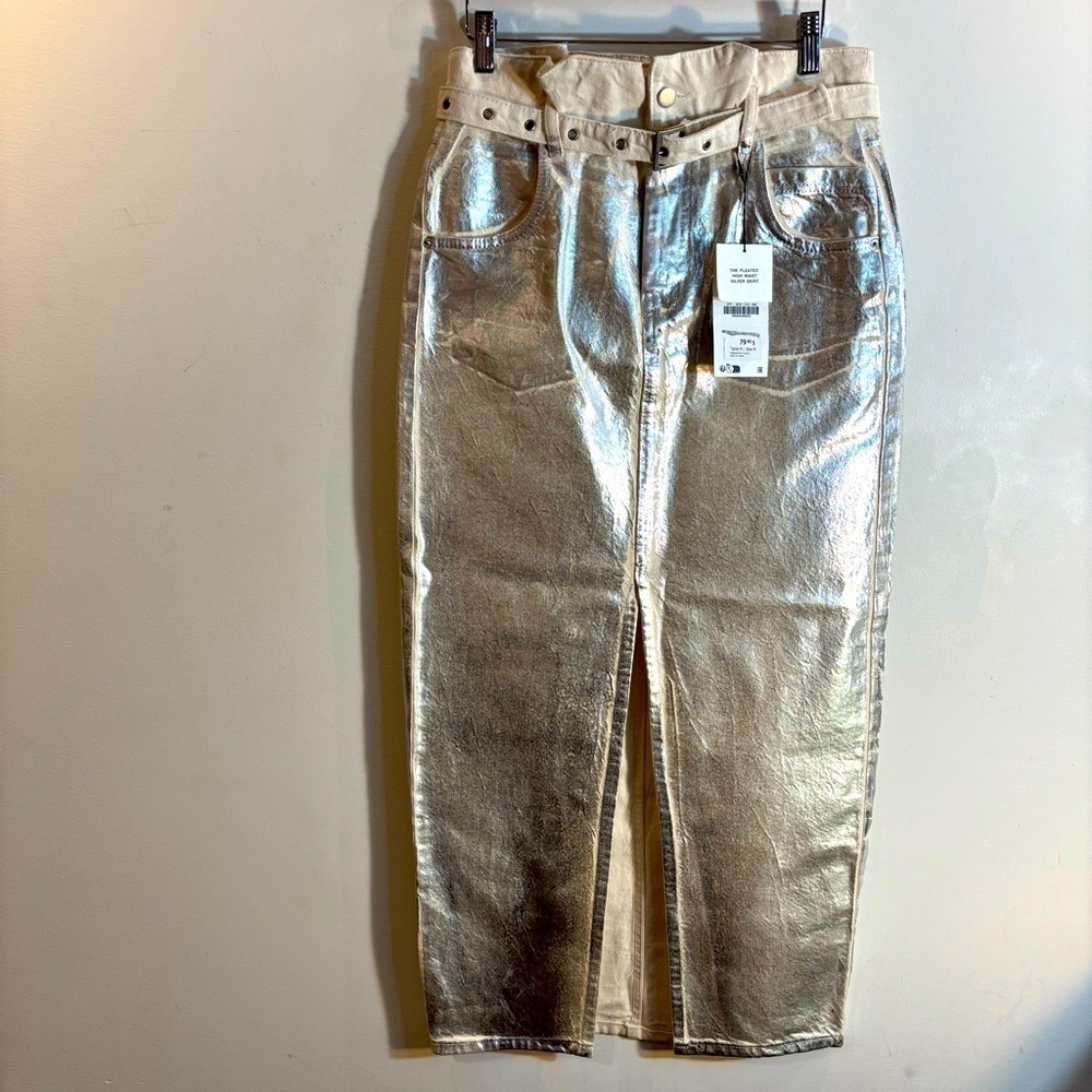 ZARA Sz M The Pleated High Waist Metallic Silver Midi Skirt NEW WITH TAGS